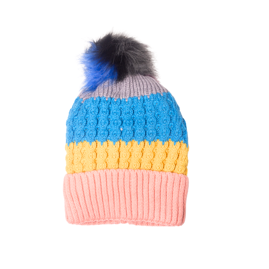 [17181] GORRO DE LANA RAYADO CON INTERIOR PLUSH Y POMPON MULTICOLOR
