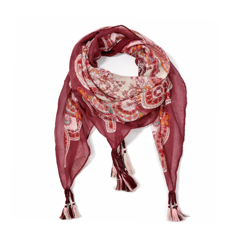 [35816] PAÑUELO RECTANGULAR ESTAMPADO CON BORLA