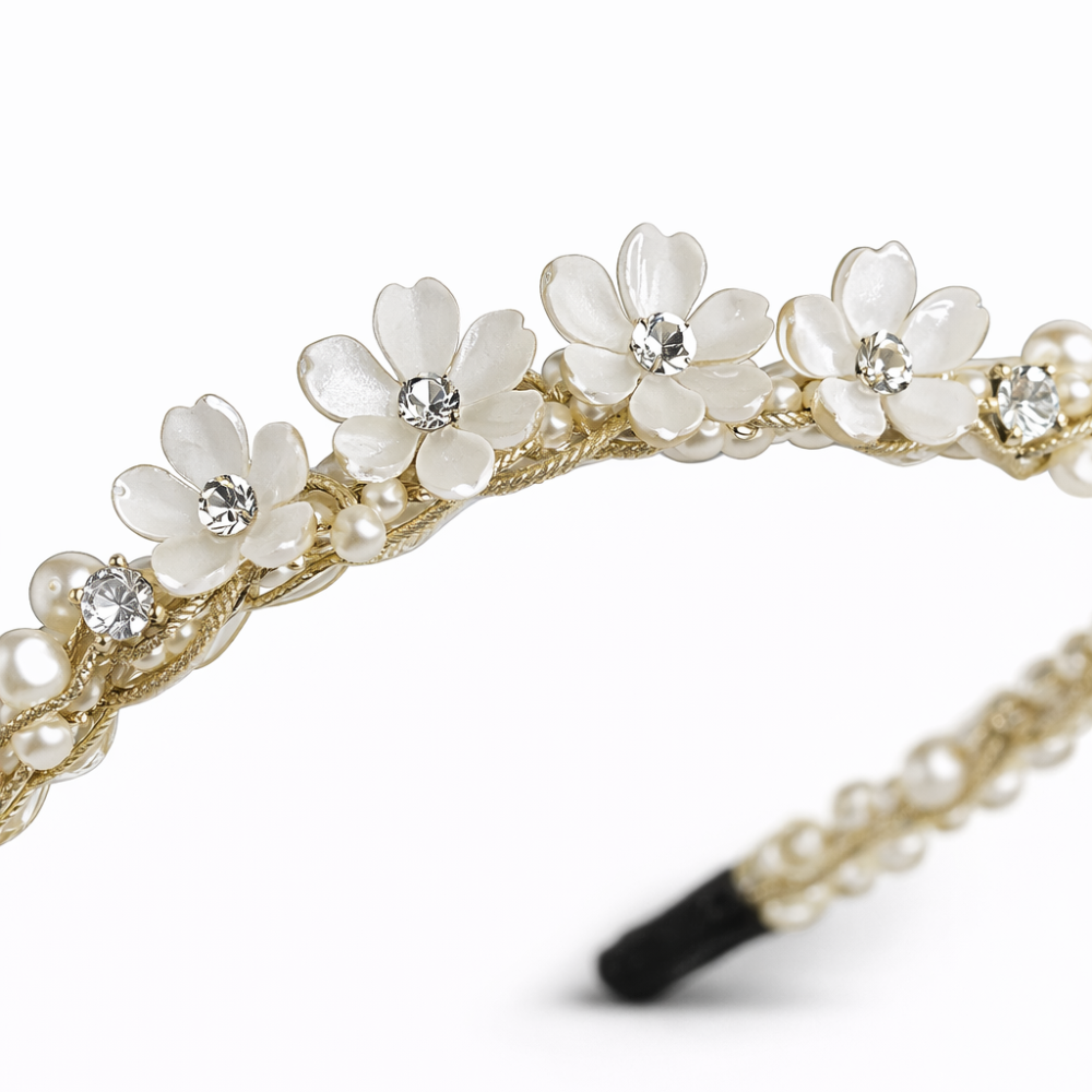 VINCHA DE PERLAS Y FLOR CON STRASS