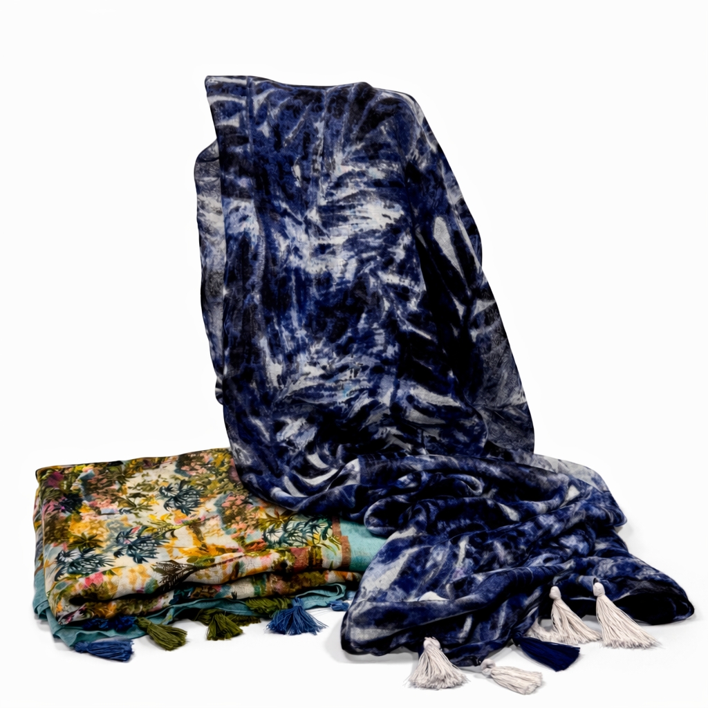 CHALINA ESTAMPA NATURAL Y BORLAS