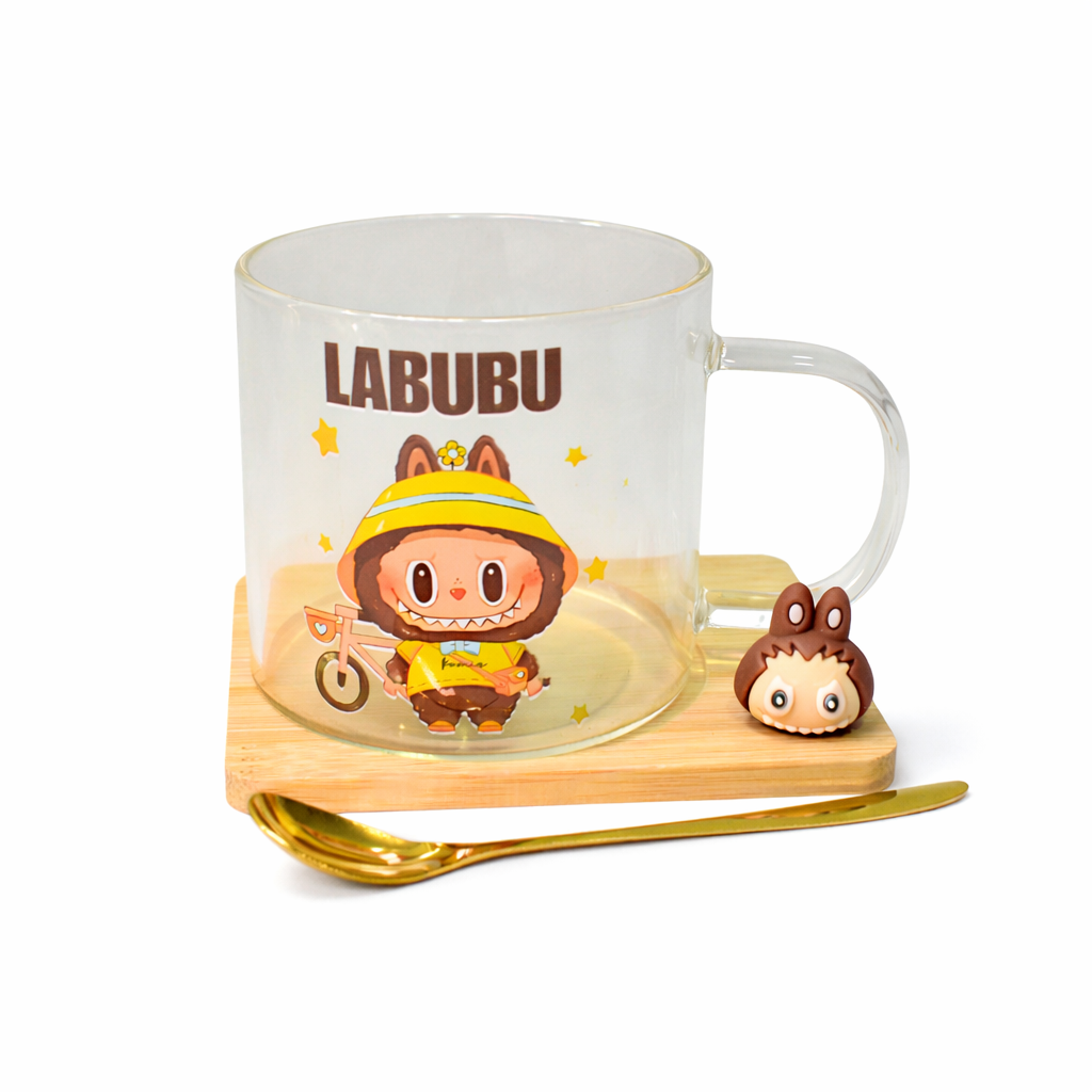 TAZA DE VIDRIO LABUBU + PLATO + CUCHARA