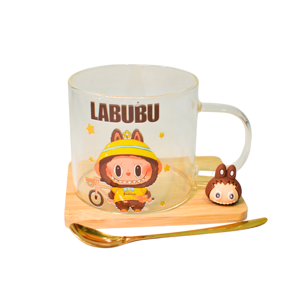 TAZA DE VIDRIO LABUBU CON PLATO Y CUCHARA