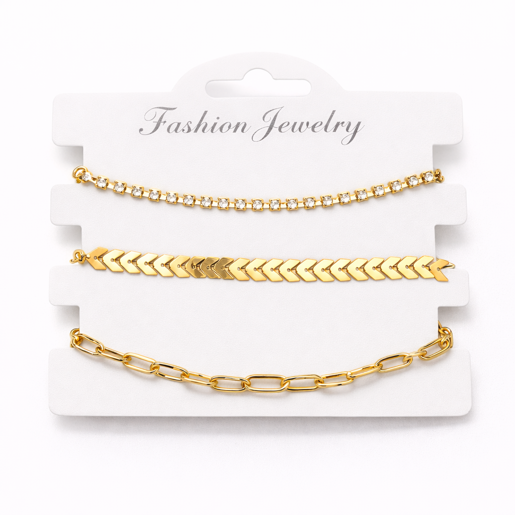 SET PULSERA X3 CADENA Y STRASS