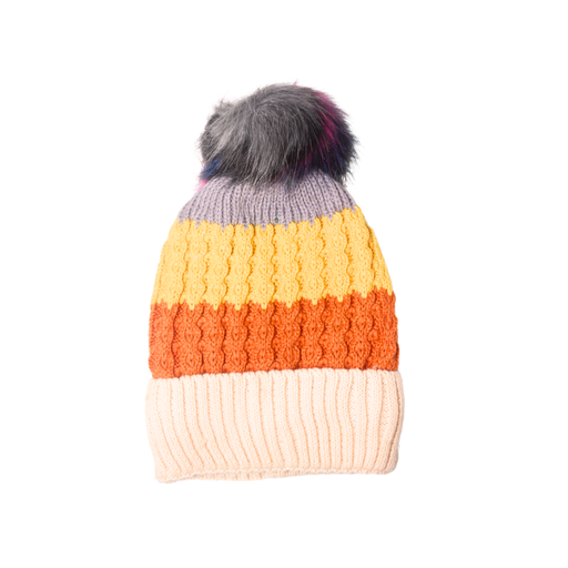 [17181] GORRO DE LANA RAYADO CON INTERIOR PLUSH Y POMPON MULTICOLOR