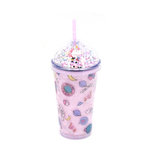 VASO CON ESTAMPADO Y TAPA UNICORNIO