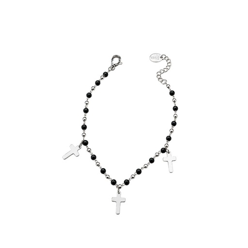 [53133] PULSERA DE ACERO DISEÑO MIX BOLITAS, CRISTALES Y TRES CRUCES