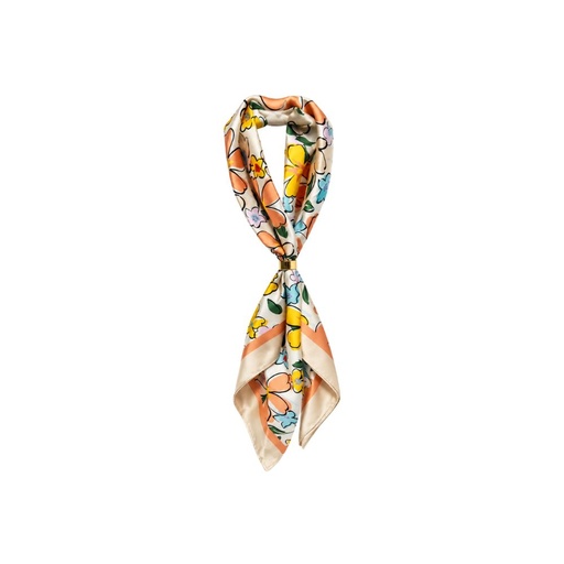 [53582] PAÑUELO ESTAMPADO FLORAL CON TONOS BEIGE DE CUELLO